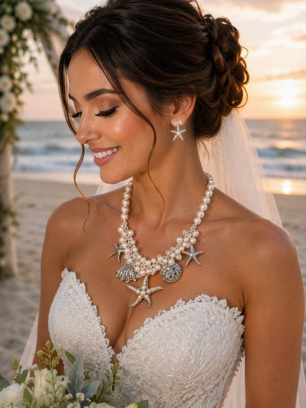NWT Bridal Vacation Chunky Elegant Statment Pearl and Silver Necklace Set